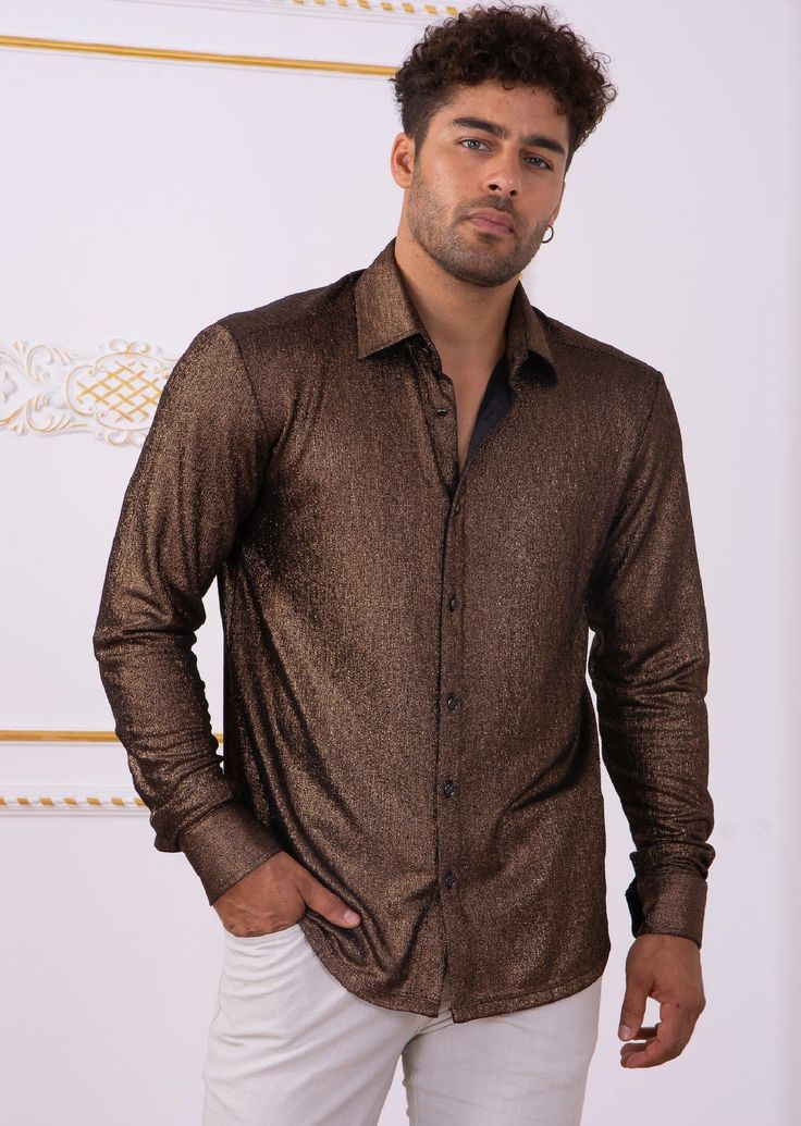 Limited edition- One of a kind A modern shirt with an unexpected edge. This brown metallic brocade shirt from Mondo is embellished with shine texture fabric detailed. Looking sharp Your style status can’t be messed with, and this shirt from Mondo makes that clear. A new and versatile wardrobe staple, great for under the blazer for dinner, party and special occasion night A tailored, modern cut and cotton fabric makes for a flattering shirt. Paired with a coordinating pant you'll have an elevated Brocade Shirt, Texture Fabric, Versatile Wardrobe, Custom Buttons, Men Shirt, Men Shirt Style, Wardrobe Staples, Dinner Party, Shirt Style