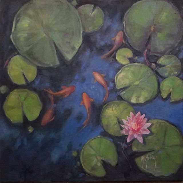 koi in lily pond fine art mary hubley Lily Pad Oil Painting, Oil Painting Water Lilies, Painting Pond Water, Pond Landscaping Painting, Koi Oil Painting, Lily Pad Acrylic Painting, Frog Pond Painting, Pond With Lily Pads Painting, Lily Pad Pond Painting