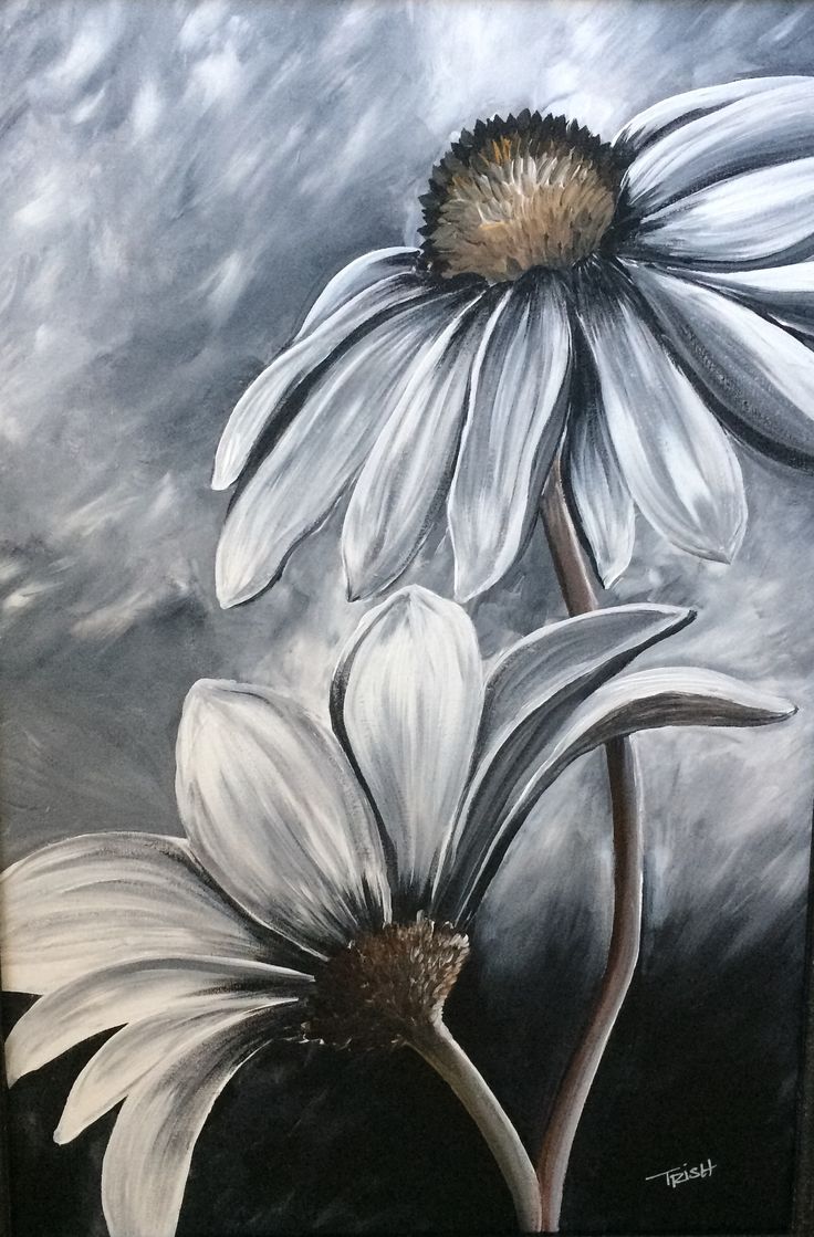 a painting of two white daisies on a black and white background with clouds in the sky