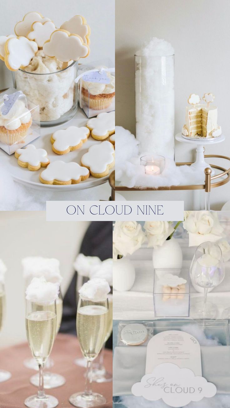 a collage of photos with champagne, cookies and desserts on display at a wedding