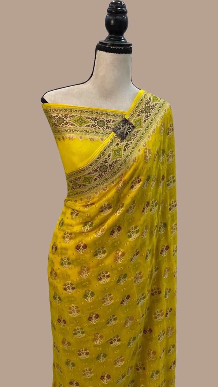 Pure Chiffon Khaddi Banarasi Saree Prebooking Georgette Pre-draped Saree With Dupatta For Diwali, Pre-draped Georgette Saree For Puja And Eid, Georgette Pre-draped Saree With Cutdana, Traditional Chiffon Pre-draped Saree For Diwali, Traditional Chiffon Pre-draped Saree For Eid, Transitional Designer Yellow Pre-draped Saree, Navratri Georgette Pre-draped Saree With Cutdana, Bandhani Print Pre-draped Saree For Puja, Festive Bandhani Print Georgette Pre-draped Saree