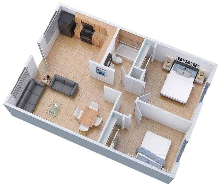 an overhead view of a two bedroom apartment with living room and dining area in the middle