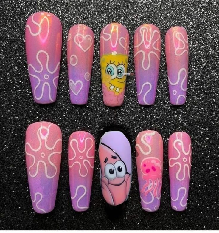 Patrick Star Nails, Spongebob Nail Art, Pikachu Nails, Unusual Nail Designs, Spongebob Nails, Cartoon Nail Designs, Character Nails, Star Nail Designs, Cartoons Movies