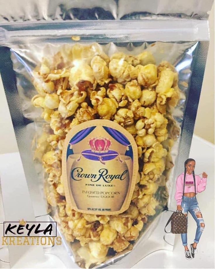 a bag of caramel popcorn sitting on top of a table