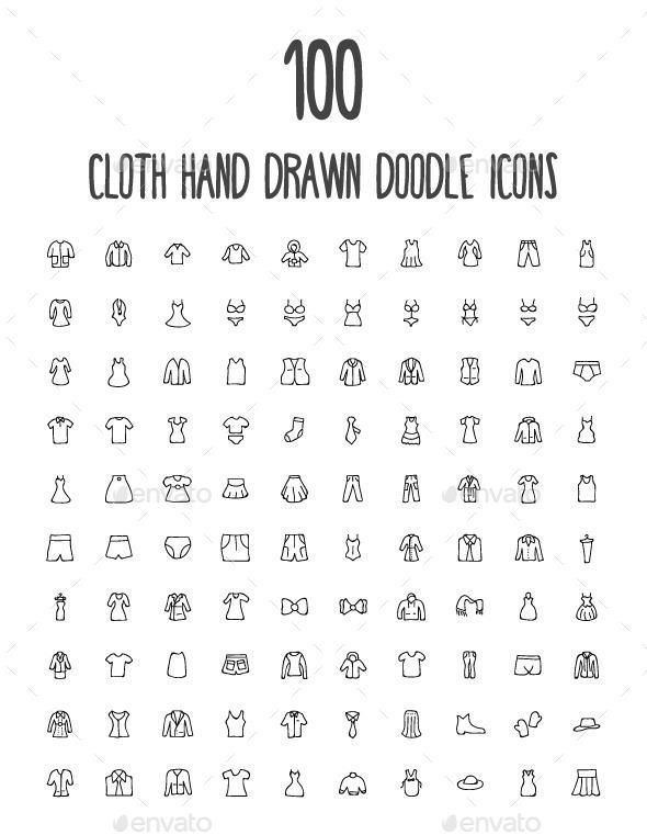 the 100 clothing hand drawn doodle icons