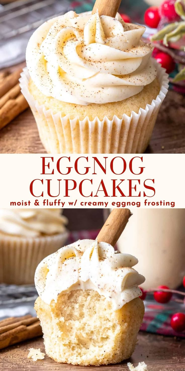 eggnog cupcakes with frosting and cinnamon on top