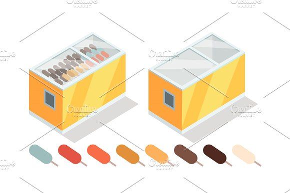 an ice cream shop with different colors and flavors on white background, flat lay style