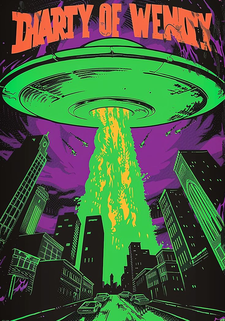 #NeonGreenFlyingSaucer #Ufo #CleanVectorArt #1950sHorrorMoviePoster #NeonColors #GrungePopArt #WarOfTheWorlds Green Comic Aesthetic, Green Ghost Aesthetic, Retro Alien Aesthetic, Neon Design Poster, Red Graphic Poster, Green Horror Aesthetic, Neon Vibes Aesthetic, Pop Poster Design, Purple Space Aesthetic