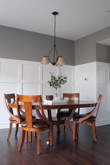 a dining room table and chairs with the words how to decline space with board and batten