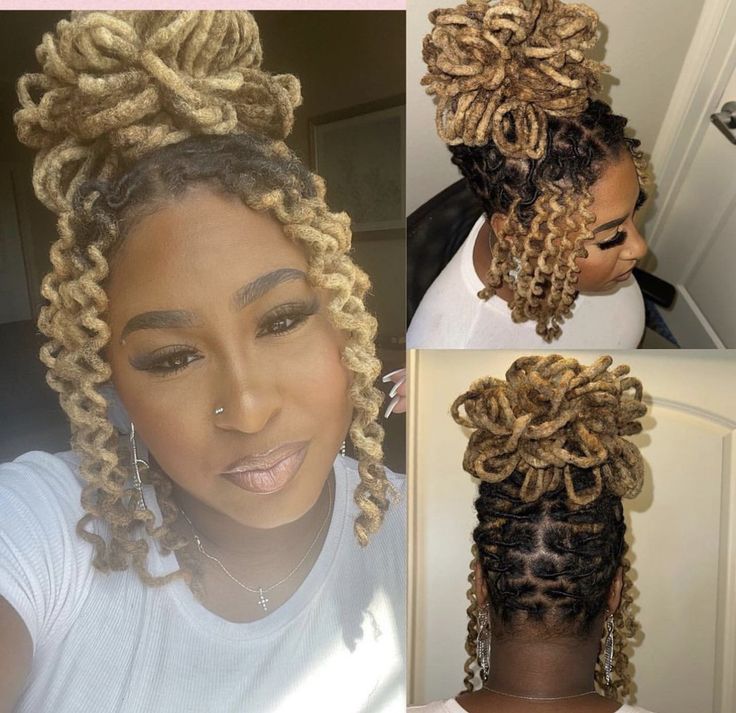 Loc Hair Styles For Wedding, Pedal Locs Style, Locs With Added Ponytail, Female Loc Updo Styles, Curly Loc Updos For Women, Long Loc Styles Women Easy, Locks Updo Styles, Petal Ponytail Locs, Interlocking Locs Styles