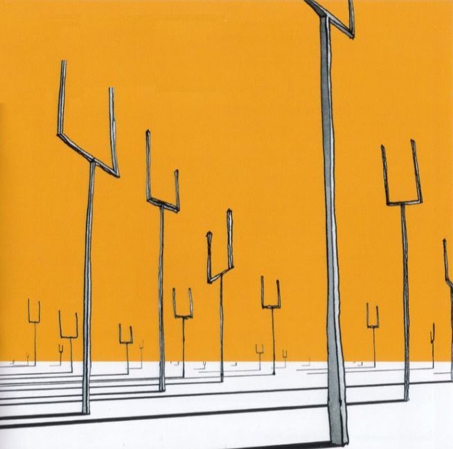 an orange and white background with several metal poles in the shape of arrows on each pole