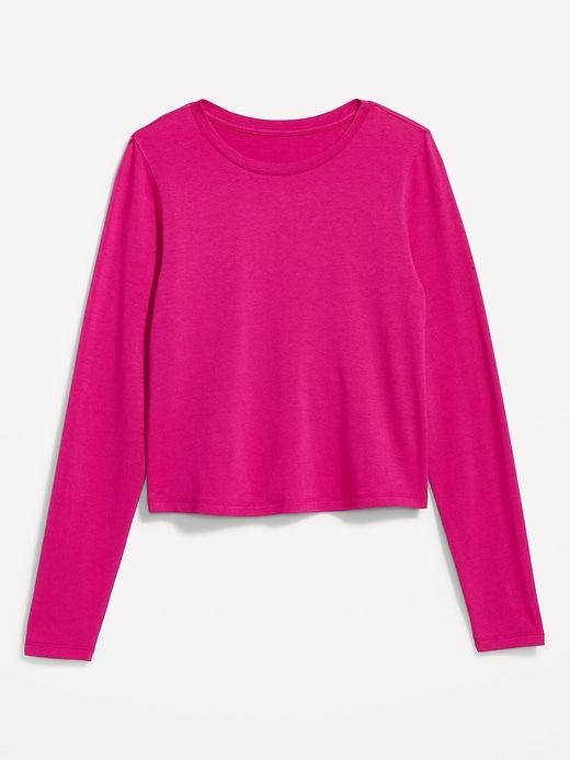 Fitted Long-Sleeve Cropped T-Shirt for Women | Old Navy Basic Long Sleeve Crew Neck Top For Fall, Spring Long Sleeve T-shirt, Trendy Long Sleeve Stretch T-shirt, Trendy Solid Color Long Sleeve Crew Neck Top, Fall Crew Neck Long Sleeve Top, Pink Stretch T-shirt For Fall, Pink Long Sleeve Stretch T-shirt, Spring Stretch Long Sleeve T-shirt, Basic Pink T-shirt For Fall