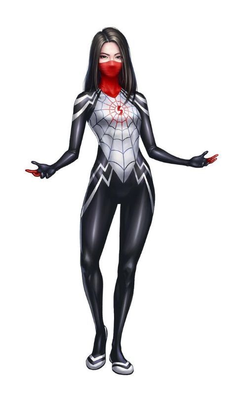 a woman dressed as spider - man with red lips and black bodysuit, standing in front of a white background