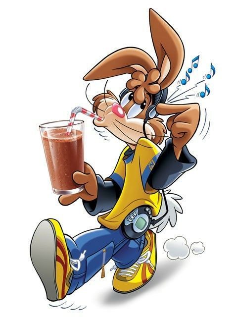 a cartoon rabbit holding a glass of chocolate milkshake