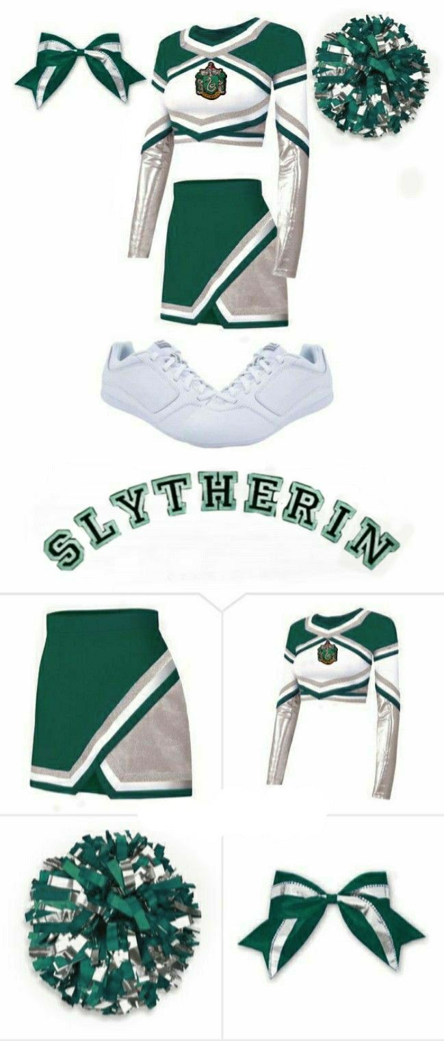 the cheerleader uniform is green and white with silver trimmings, as well as two