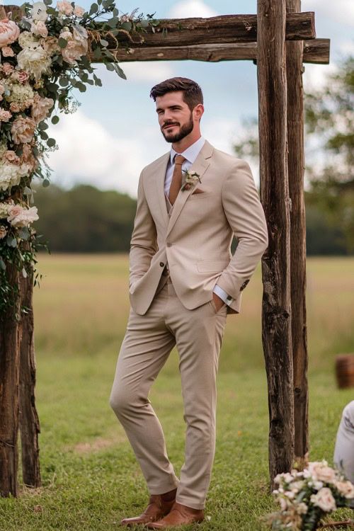 a man wearing a tan suit and tie standing in front of a wooden arch with flowers on it