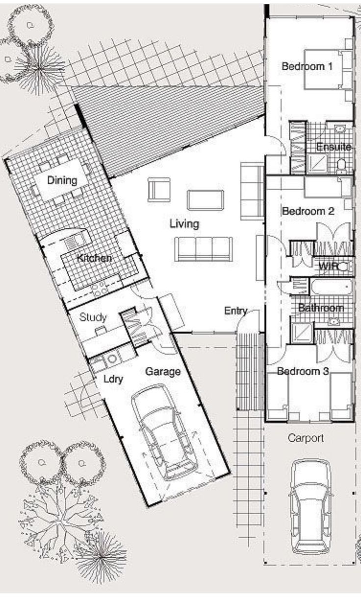 the floor plan for this modern house is shown in black and white, with two cars parked