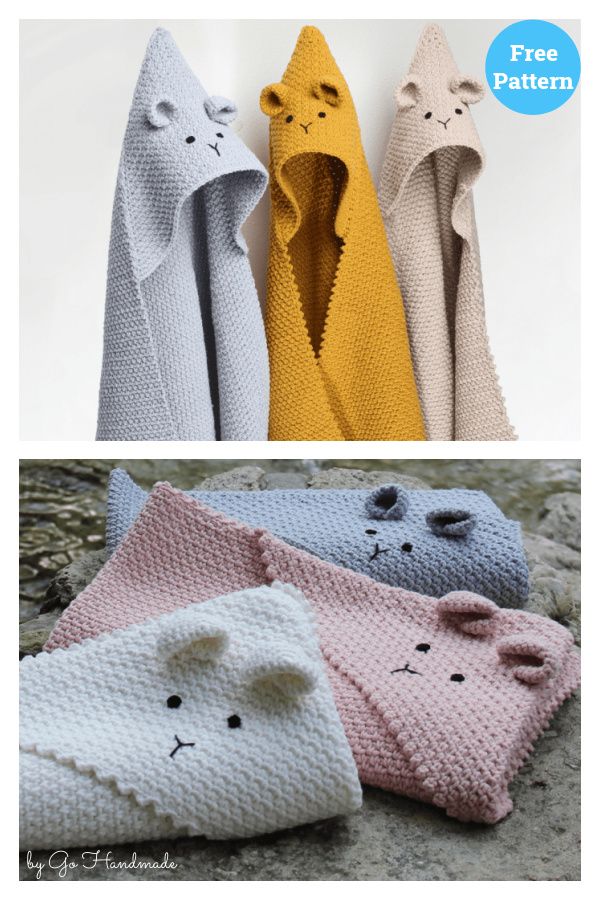 three knitted towels with faces and ears on them