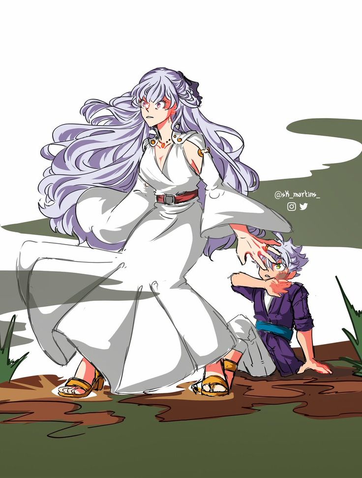 an anime character with long purple hair standing next to a child