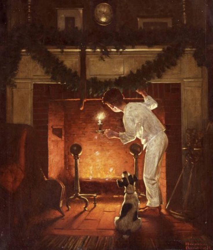 a painting of a person and a dog in front of a fire place with christmas decorations