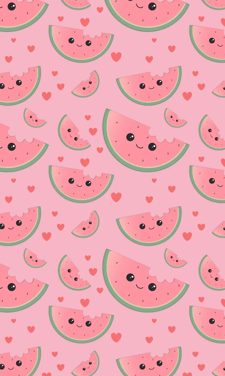 watermelon slices with hearts and eyes are on a pink background that is very cute