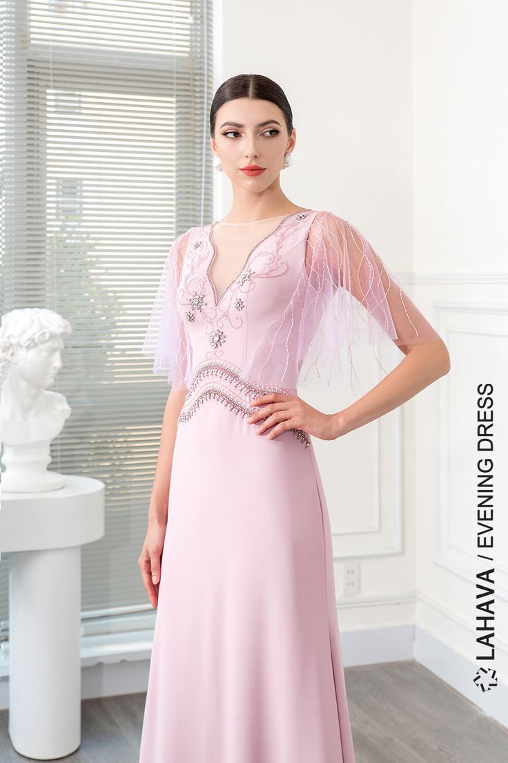 Materials: Crepe, beading, tulle Neckline: Boat-neck Sleeve Style: Short sleeves Silhouette: A-line Built-in Bra: Yes Luxury Elegant Dress With Flutter Sleeves, Tulle Neckline, Beaded Evening Gowns, Tulle Sleeves, Evening Dresses With Sleeves, Illusion Dress, Beaded Gown, Tea Length Dresses, Dresses 2024