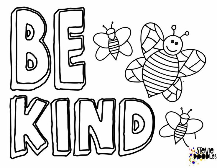 bee kind coloring page with two bees and the words be kind in black and white