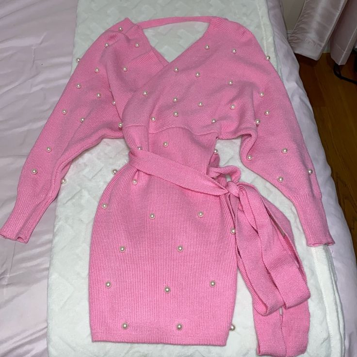 Cozy Dress From Fashion Nova, Long Sleeve With Pearls! Never Worn. Feminine Winter Brunch Dresses, Elegant Pink Mini Sweater Dress, Feminine Winter Mini Dress, Feminine Pink Dresses For Winter, Pink Mini Dresses For Winter, Feminine Pink Mini Dress For Winter, Winter Pink V-neck Midi Dress, Feminine V-neck Winter Dress, Pink Knee-length Mini Dress For Winter