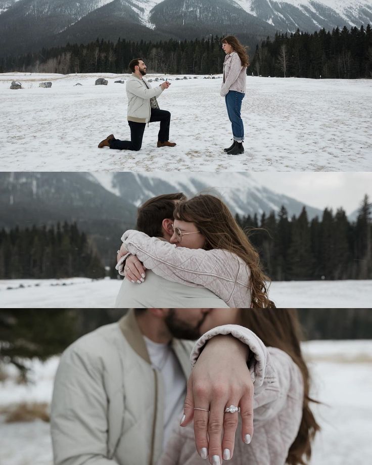 two people standing in the snow with mountains in the background and one person holding his hand out