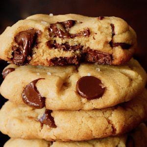 chocolate chip cookies stacked on top of each other