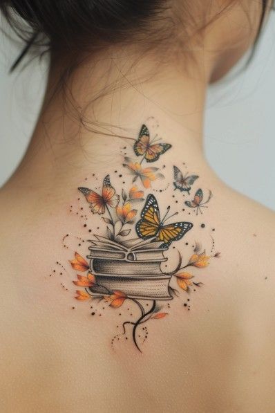 Hummingbird And Book Tattoo, Moon And Book Tattoo, Book With Pages Flying Out Tattoo, Tree And Book Tattoo, Books And Butterflies Tattoo, Flying Books Tattoo, Book And Nature Tattoo, Book Memorial Tattoo, Owl Book Tattoo