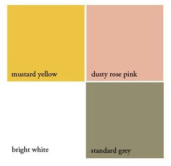 the color scheme for mustard yellow, dusty rose pink, and standard grey is shown