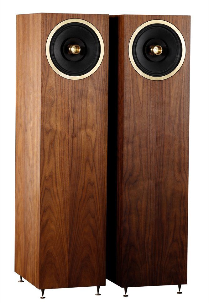 two wooden speakers with black and gold trims on each speaker's sides, side by side