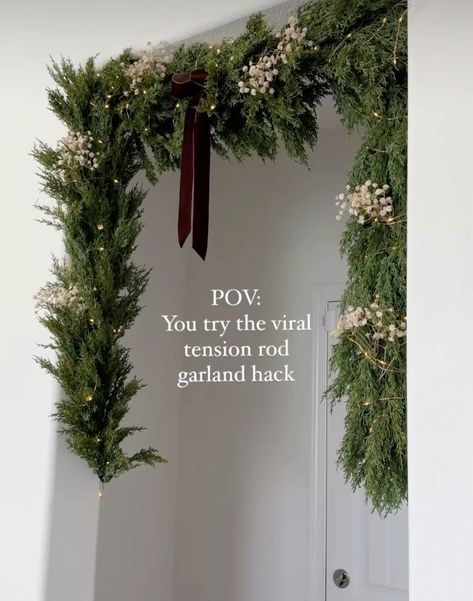 Elegant Christmas Ideas, Real Holly Christmas Decorations, Door Frame Garland Christmas, Garland On Windows Christmas, Christmas Curtain Rod Decor, Christmas Decorating Aesthetic, Moody Christmas Living Room, Christmas Deco Aesthetic, Places To Hang Stockings Ideas