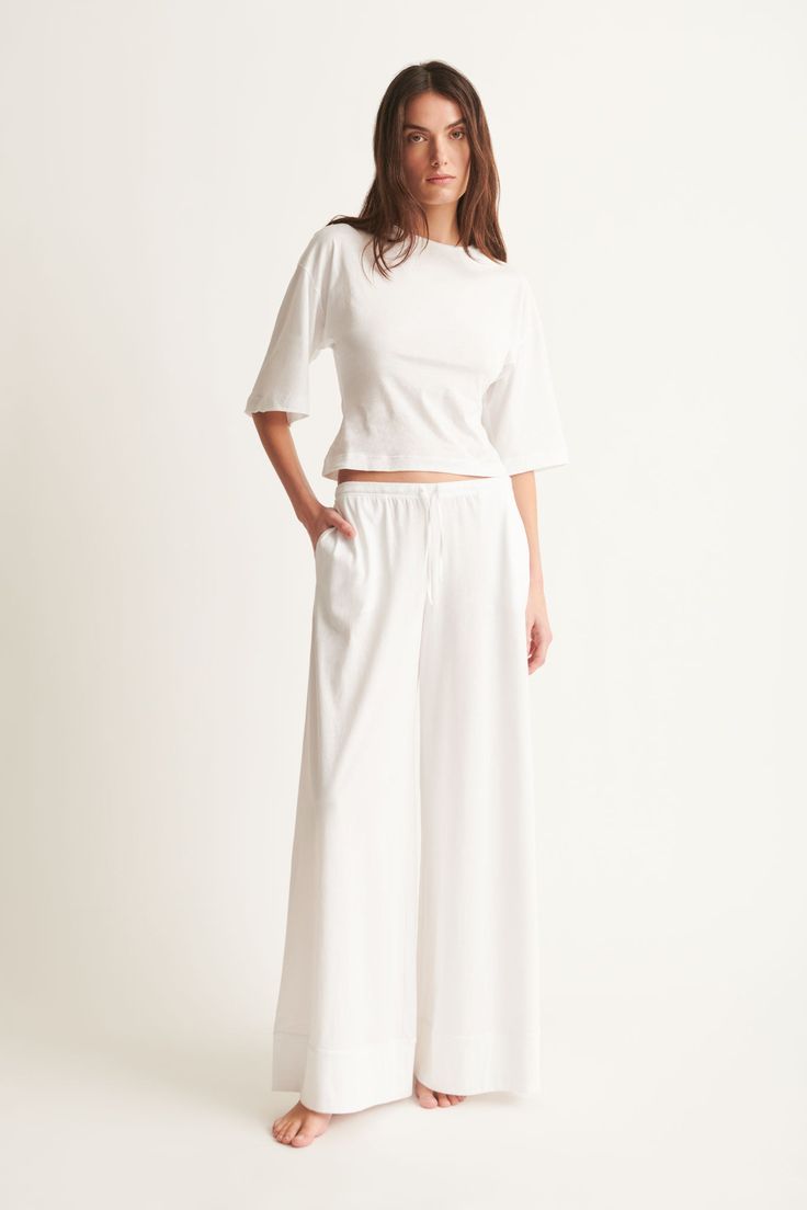 Christina Wide Leg Pant Relaxed Wide Leg Pants For Spring Lounging, Chic White Wide Leg Pants For Loungewear, Elegant Loungewear Wide Leg Pants, Chic Wide Leg Lounging Pants, White Relaxed Fit Wide Leg Pants For Loungewear, Chic Cotton Wide Leg Pants For Lounging, White Wide Leg Pants For Loungewear, Relaxed Wide Leg Pants For Daywear, Wide Leg Sweatpants For Daywear