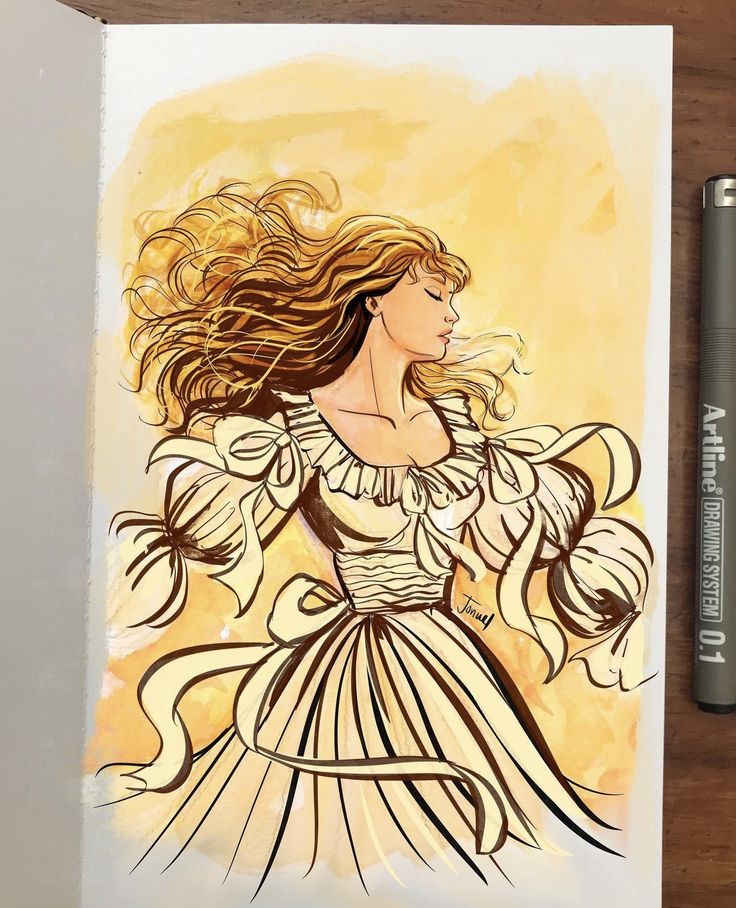 a drawing of a woman with long hair in a white dress on top of a wooden table