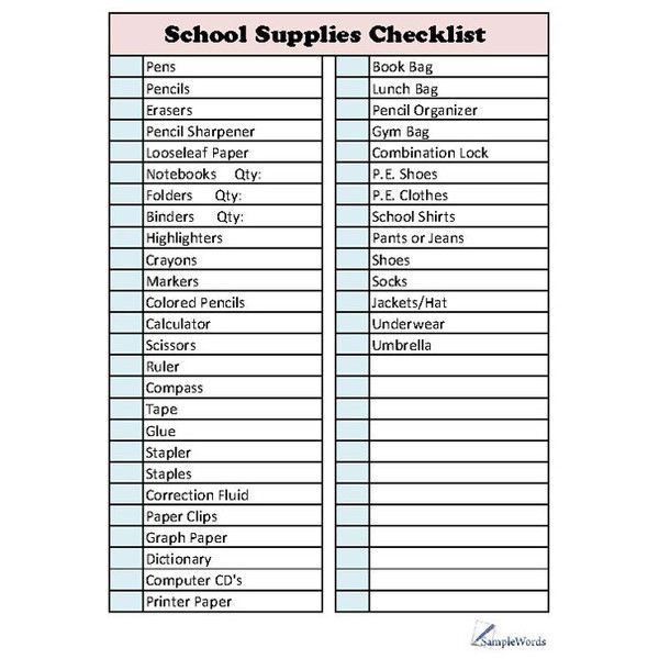 the school supplies checklist is shown in this printable sheet for students to use