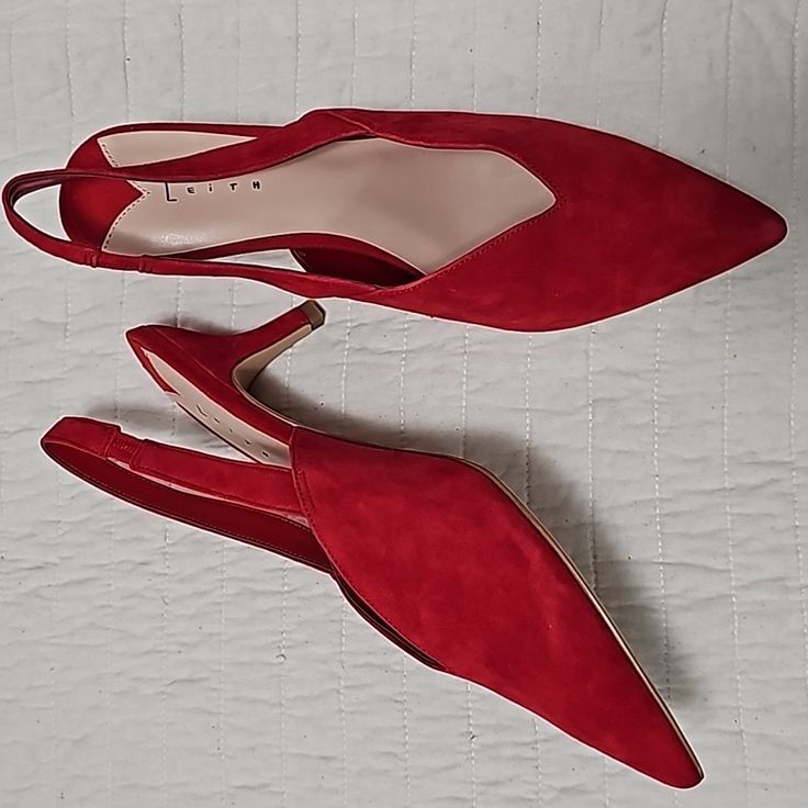 Nwt Slingbacks Suede Red 9.5 Heel 2" With Original Box Red Slingback Pumps With 4-inch Heel, Red Slingback Kitten Heels With Heel Strap, Red Slingback Sandals With Heel Strap, Red Slingback Kitten Heels For Formal Events, Chic Red Low Heel Slingback Sandals, Red Pointed Toe Slingback Sandals With Heel Strap, Red Slingback Sandals With Pointed Toe And Heel Strap, Red Pointed Toe Slingback Sandals For Spring, Red Pointed Toe Slingback Sandals For Evening