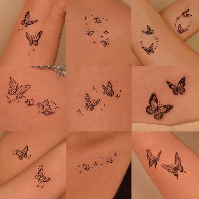 six different pictures of butterflies on the back of someone's arm and shoulder, each with their own tattoo design