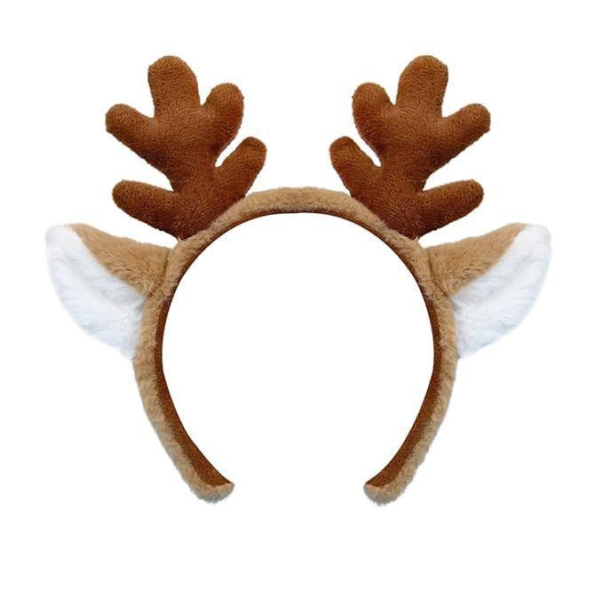 a brown and white reindeer headband with horns