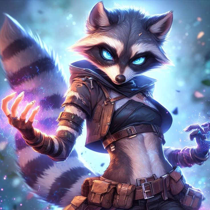 a raccoon with blue eyes and armor holding something in one hand while standing next to another