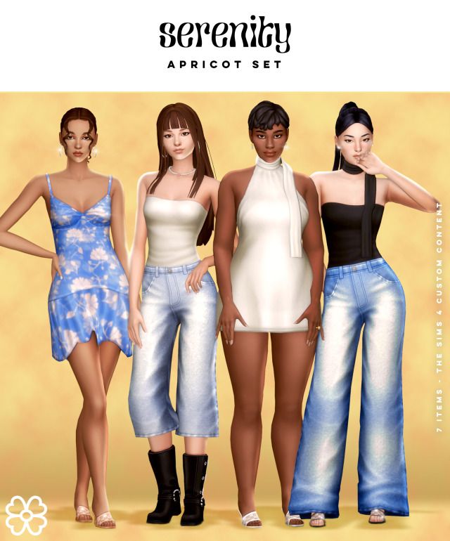 three women in different outfits standing next to each other with the caption serenity apricot set