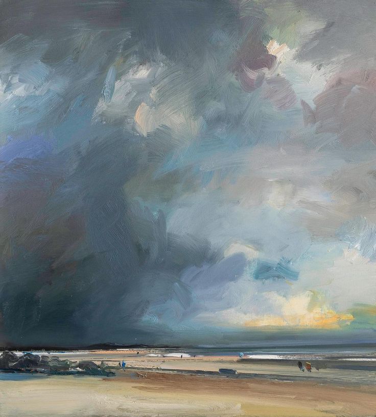 an oil painting of storm clouds over the ocean