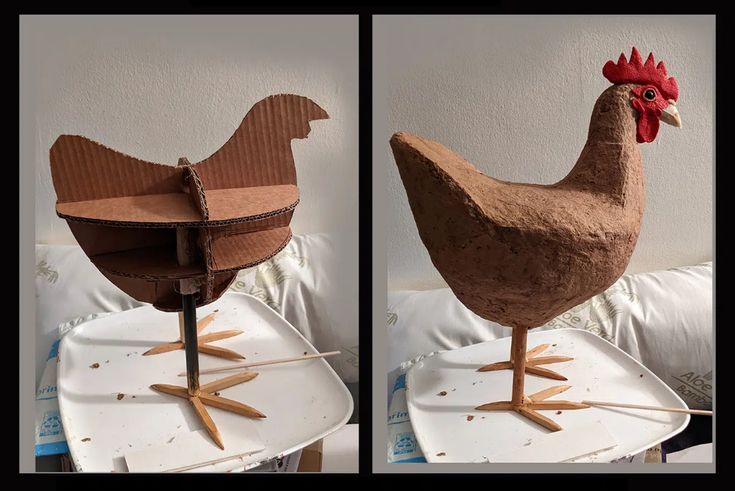 two pictures of a chicken made out of cardboard