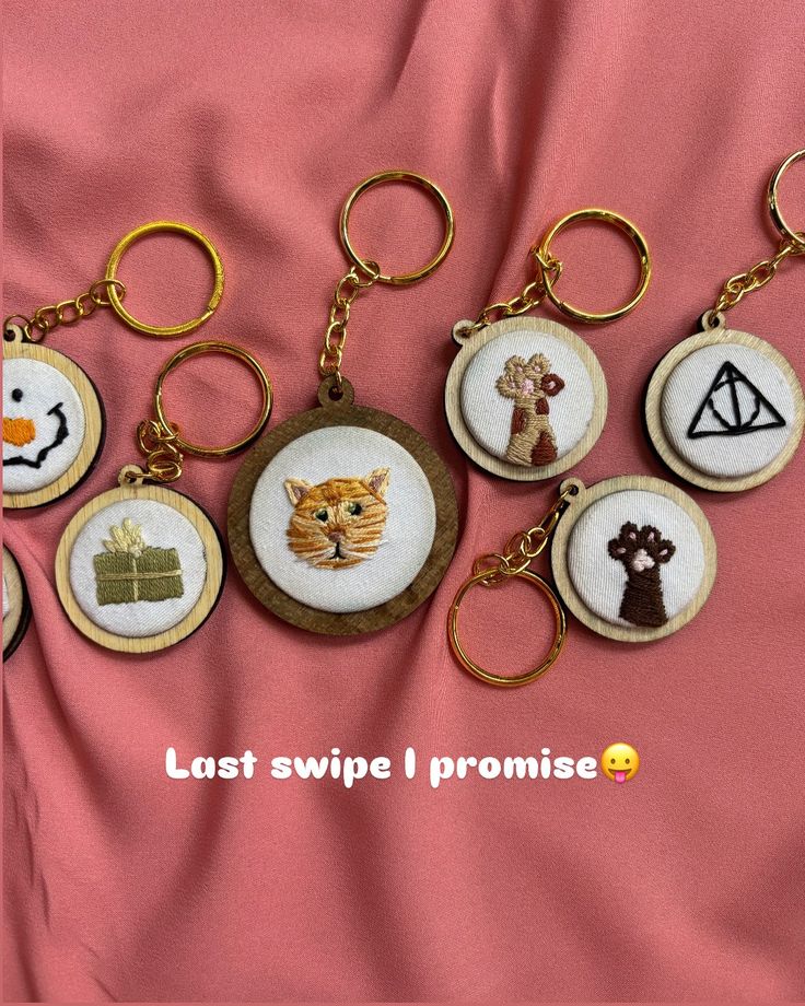 six embroidered keychains with different types of cats and animals in them on a pink background