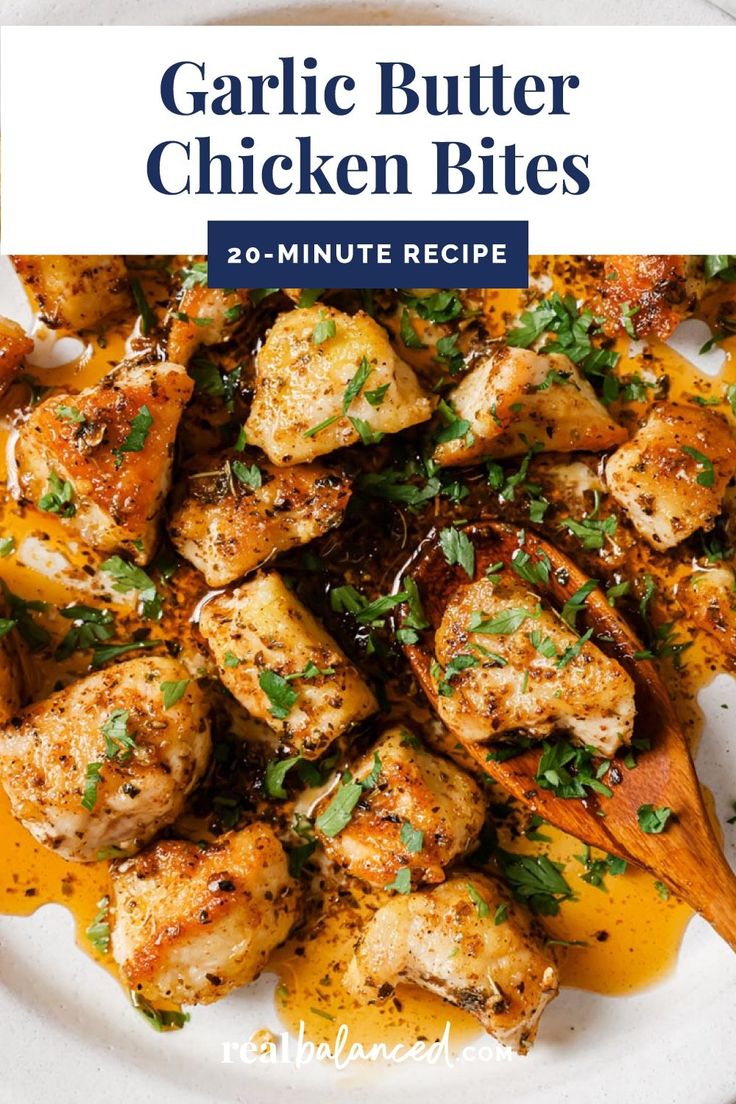 garlic butter chicken bites on a white plate