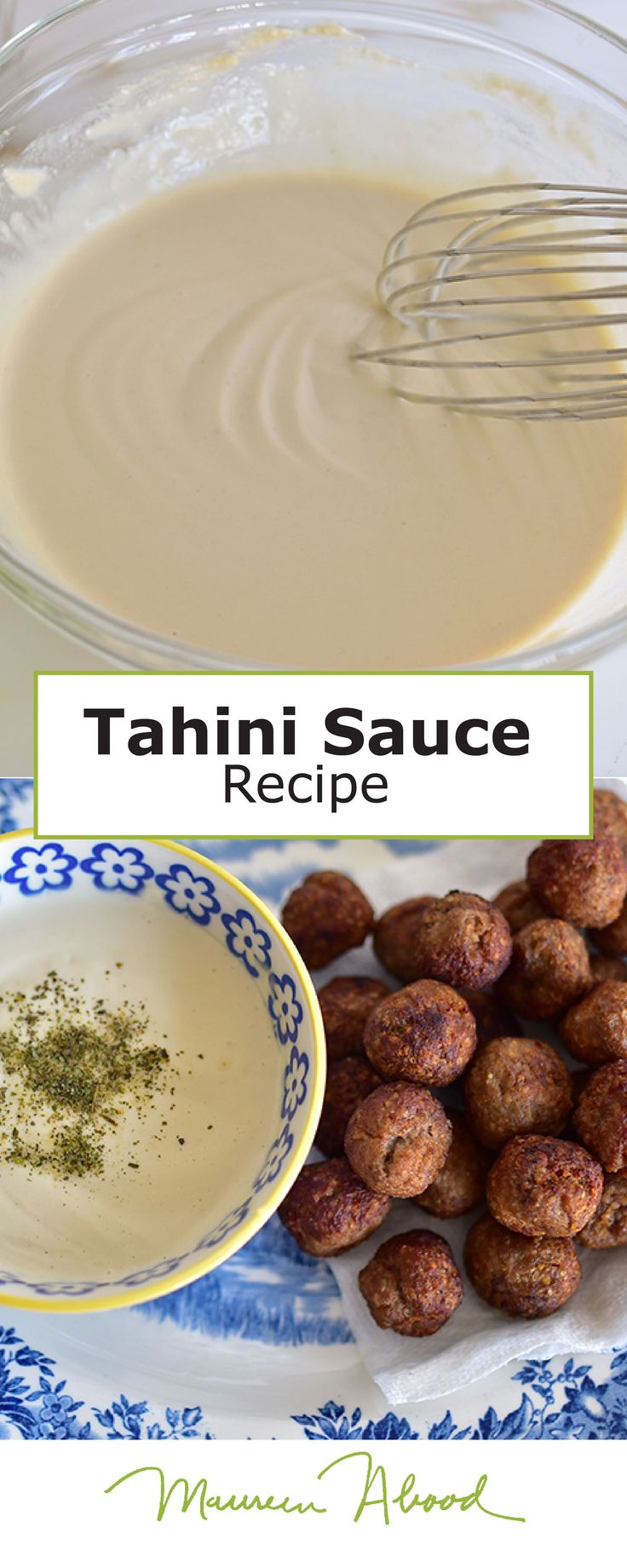 the ingredients for tahni sauce in a bowl and on a plate with a whisk