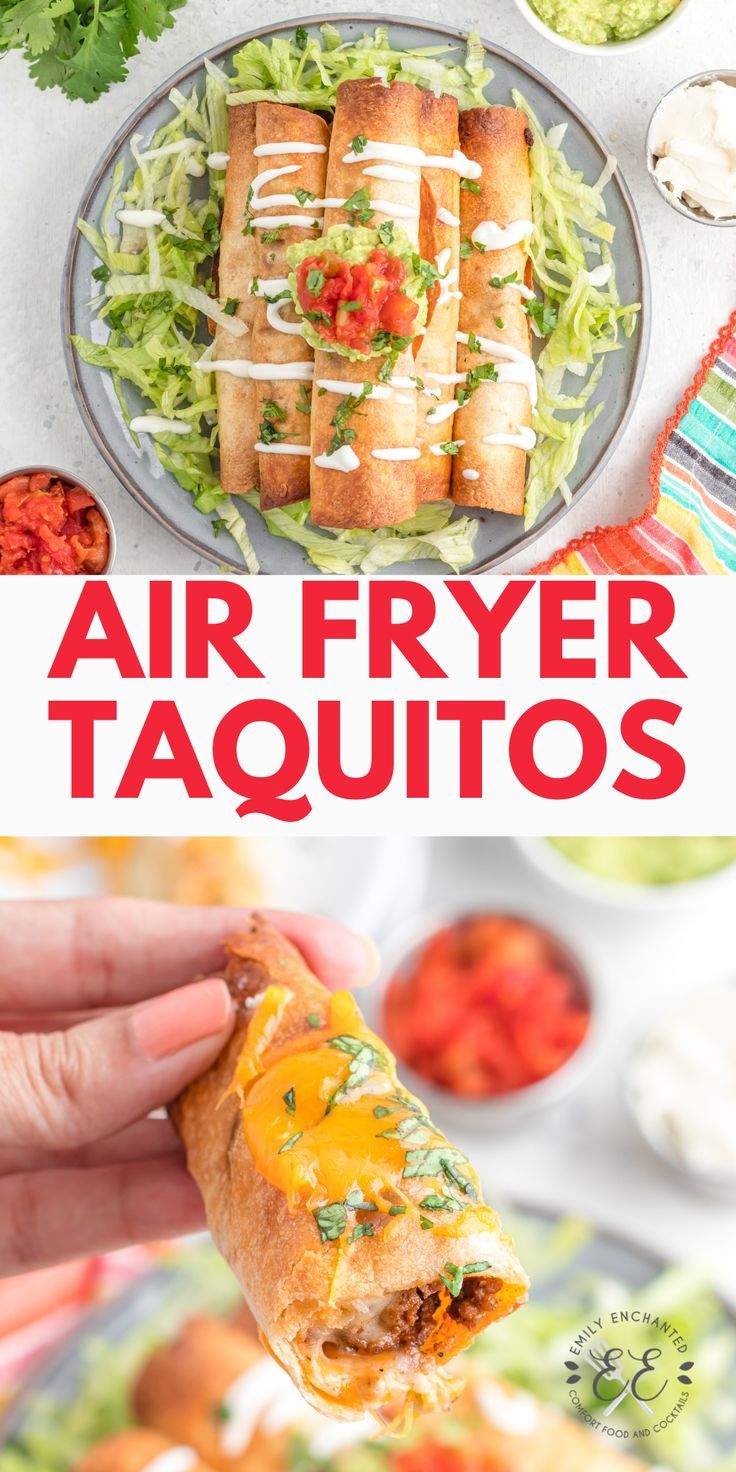 the air fryer taquitos are ready to be eaten and served on plates