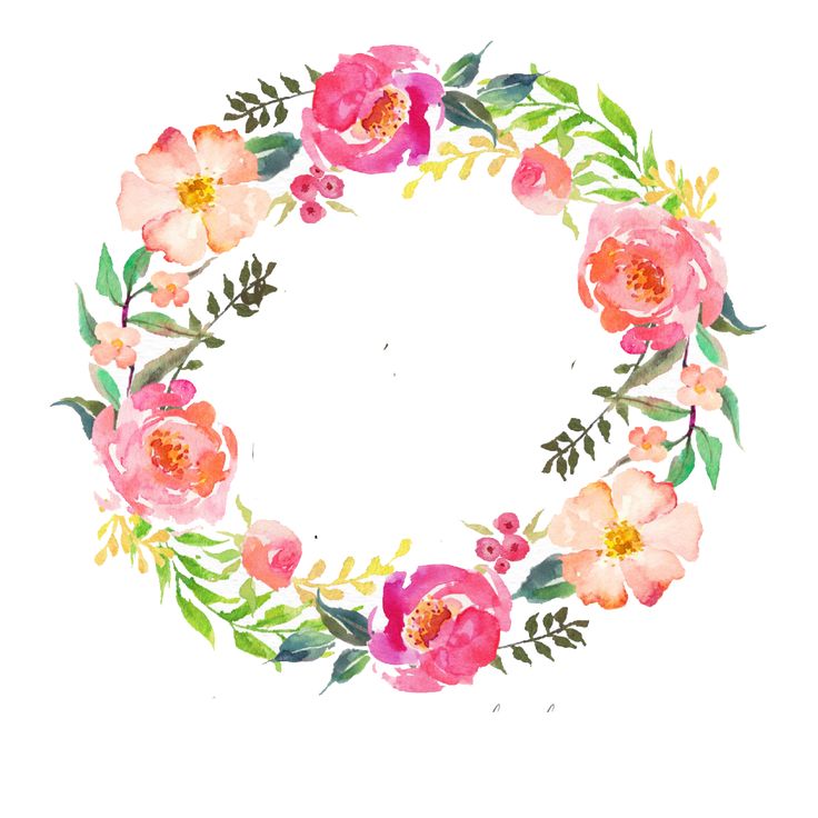 a watercolor wreath with pink flowers and green leaves