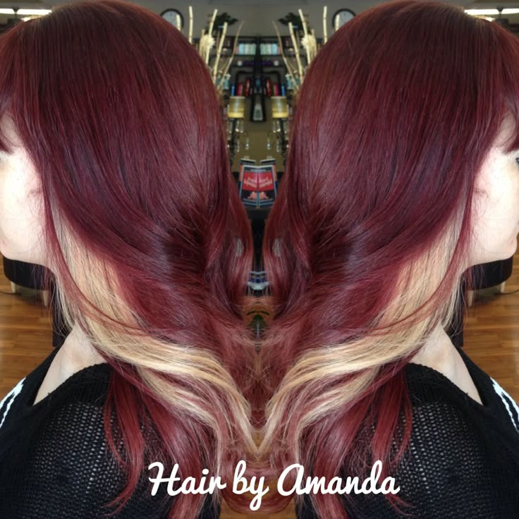 Dark red violet with blonde peekaboos. Burgundy Hair Blonde Peekaboos, Dark Red To Blonde Balayage, Dark Red Hair To Blonde, Burgundy With Blonde Peekaboo, Burgundy Hair With Blonde Peekaboos, Blonde On Top Dark Red Underneath, Red Hair And Blonde Underneath, Dark Cherry And Blonde Hair, Red On Top Blonde Underneath Hair